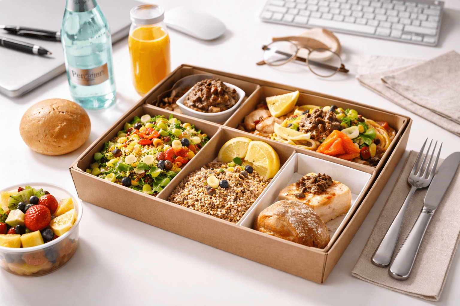 Plateau repas d’entreprise prêt à être dégusté lors d’un déjeuner au bureau